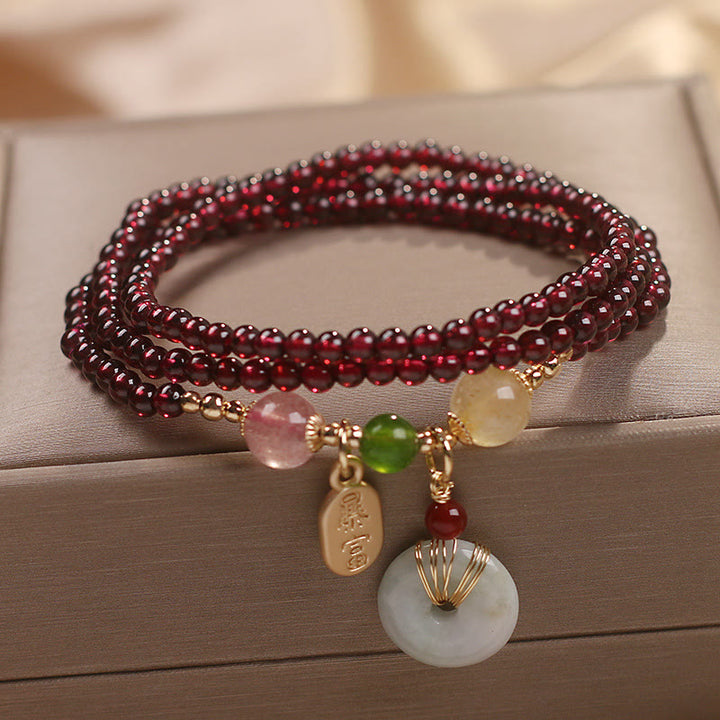 Pulsera de triple envoltura con Buddha Stones, granate Natural, fresa, cristal de cuarzo, zorro, pez Koi, hebilla de la paz, protección de la fortuna