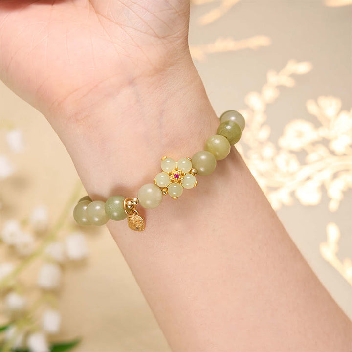 Pulsera de la suerte con dije de personaje Fu de flor de jade verde con Buddha Stones