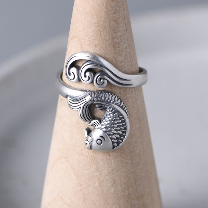Anillo de plata de ley 925 con Buddha Stones , pez koi, ondulación de agua, suerte y riqueza