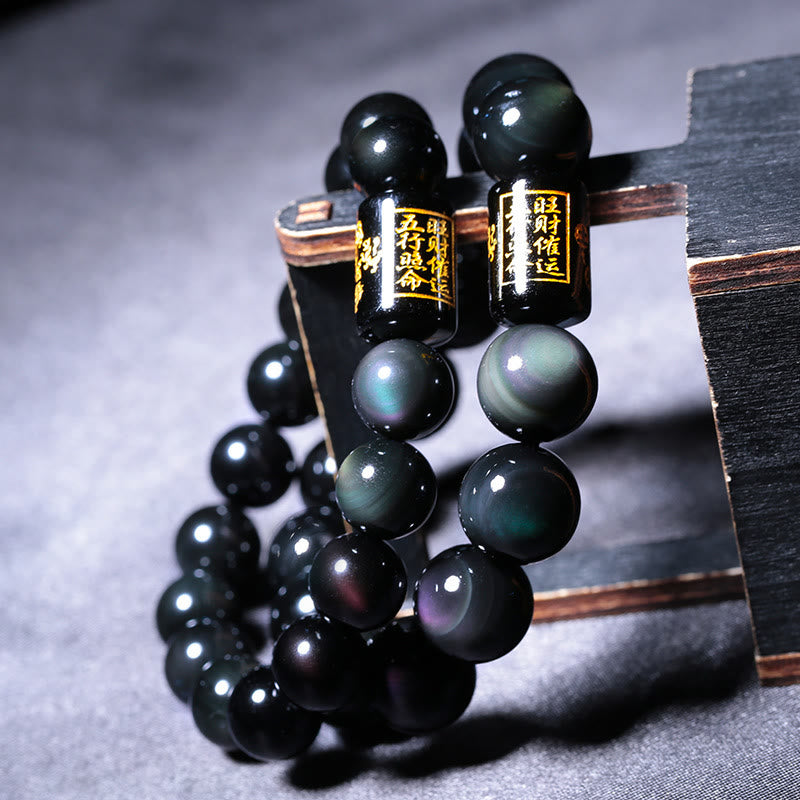 Pulsera de transformación positiva de obsidiana arcoíris natural con Buddha Stones