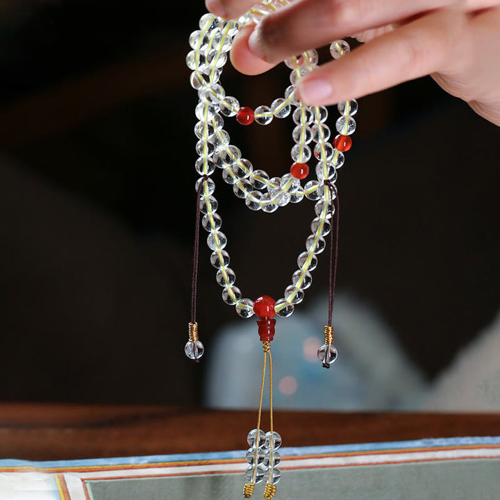 Buddha Stones 108 cuentas Mala Plata de Ley 925 ágata blanca Natural ágata roja pulsera de protección cuádruple