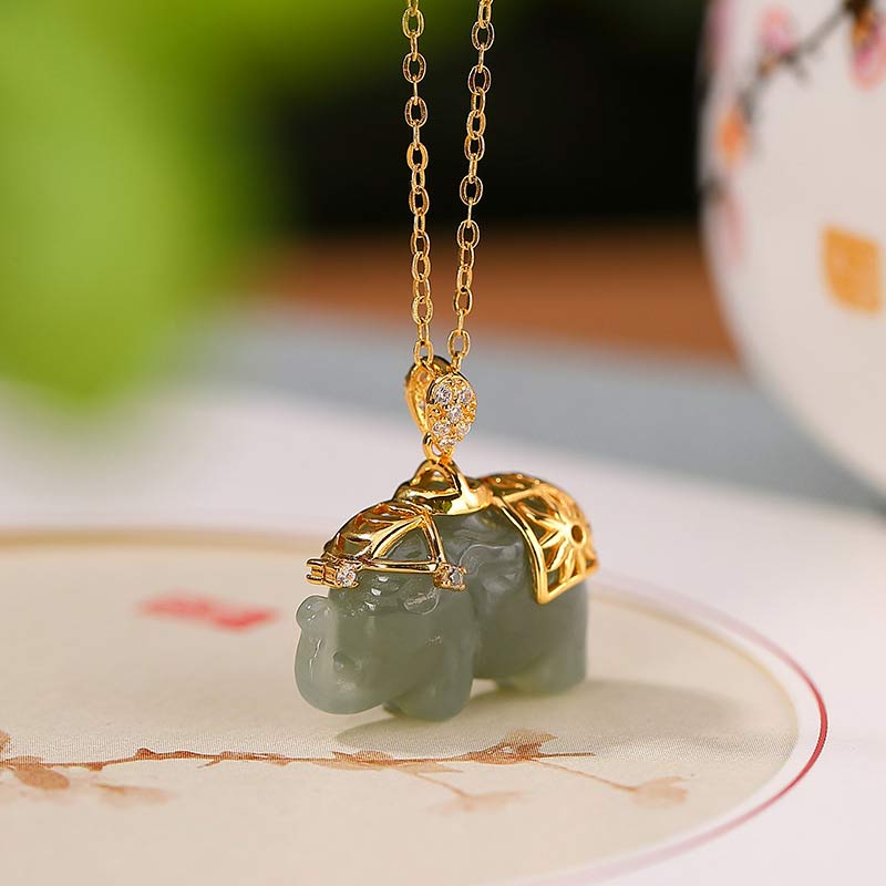 Buddha Stones Plata de Ley 925 Jade Elefante Bendición Fortuna Collar Colgante de Cadena - Jade - image 0