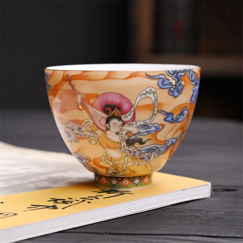Taza de té de Kung Fu con Buddha Stones, Color Dunhuang, Apsaras voladoras