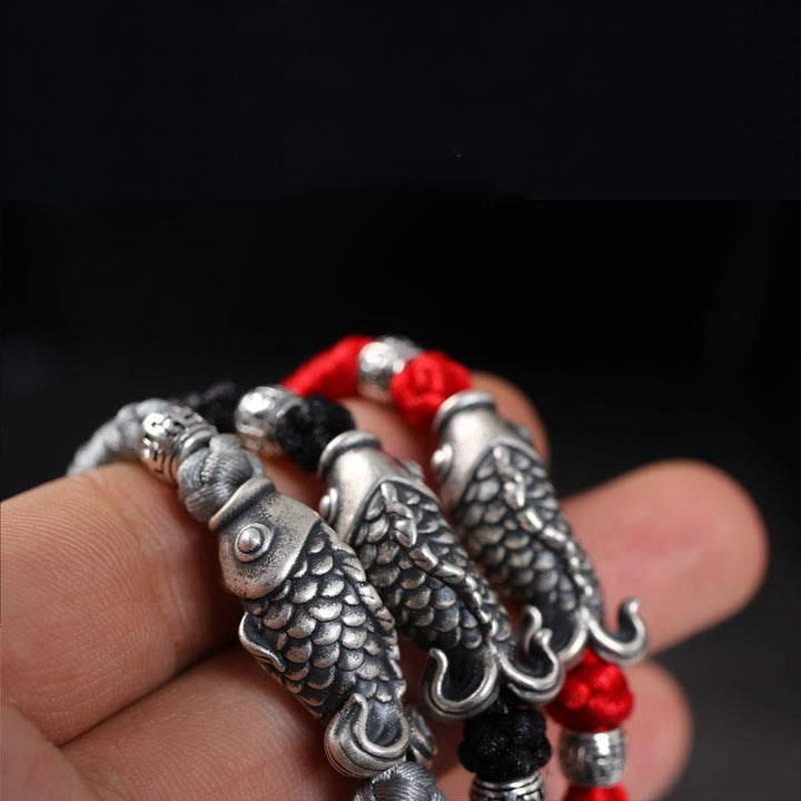 Pulsera de hilo trenzado con pez Koi de la suerte de plata con Buddha Stones