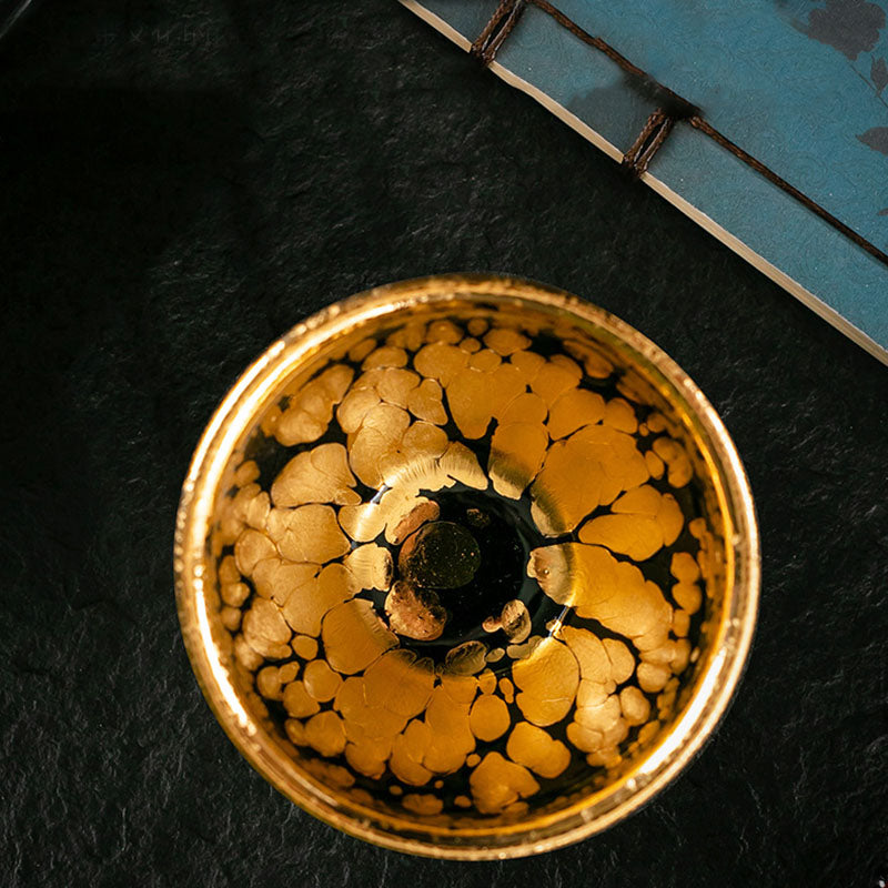 Taza de té de cerámica Jianzhan chino con diseño de manchas de oro de 24K, Buddha Stones , tazón de taza de té de Kung Fu con caja de regalo