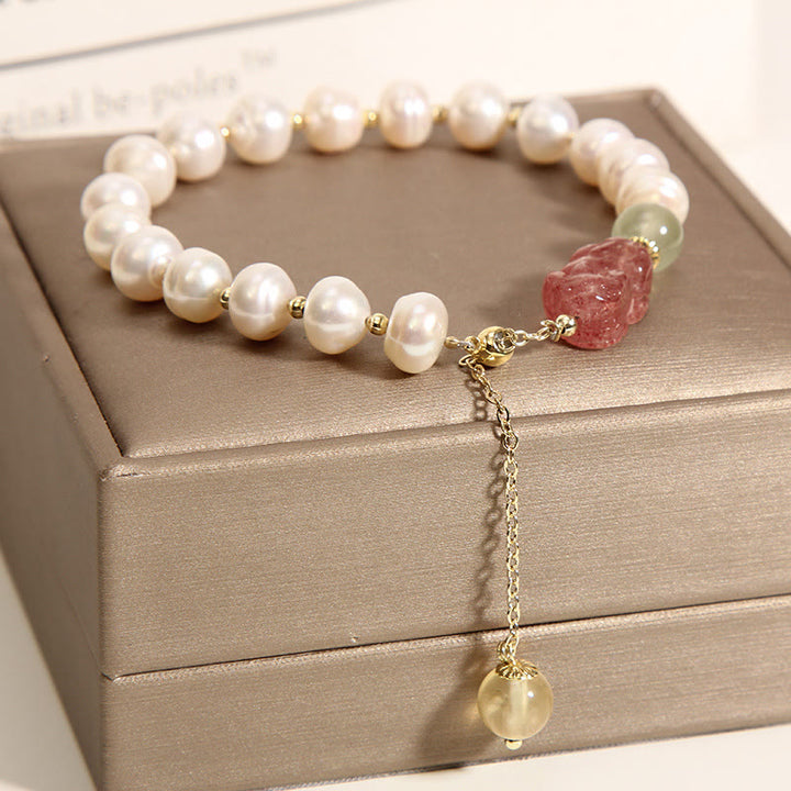 Pulsera con dijes de optimismo PiXiu, cuarzo fresa, perlas naturales , Buddha Stones