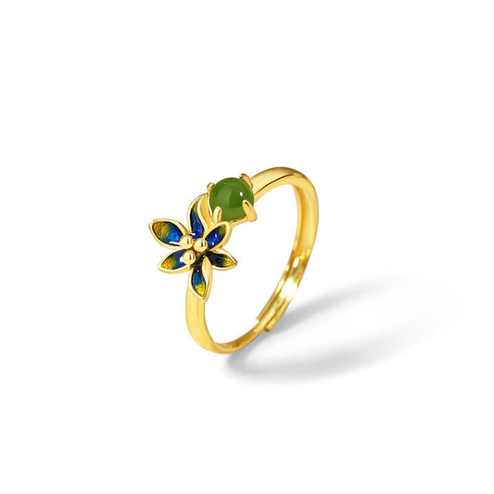 Juego de pendientes y anillo con colgante de flor de Jade cian hetiano Natural de plata de ley 925 con Buddha Stones