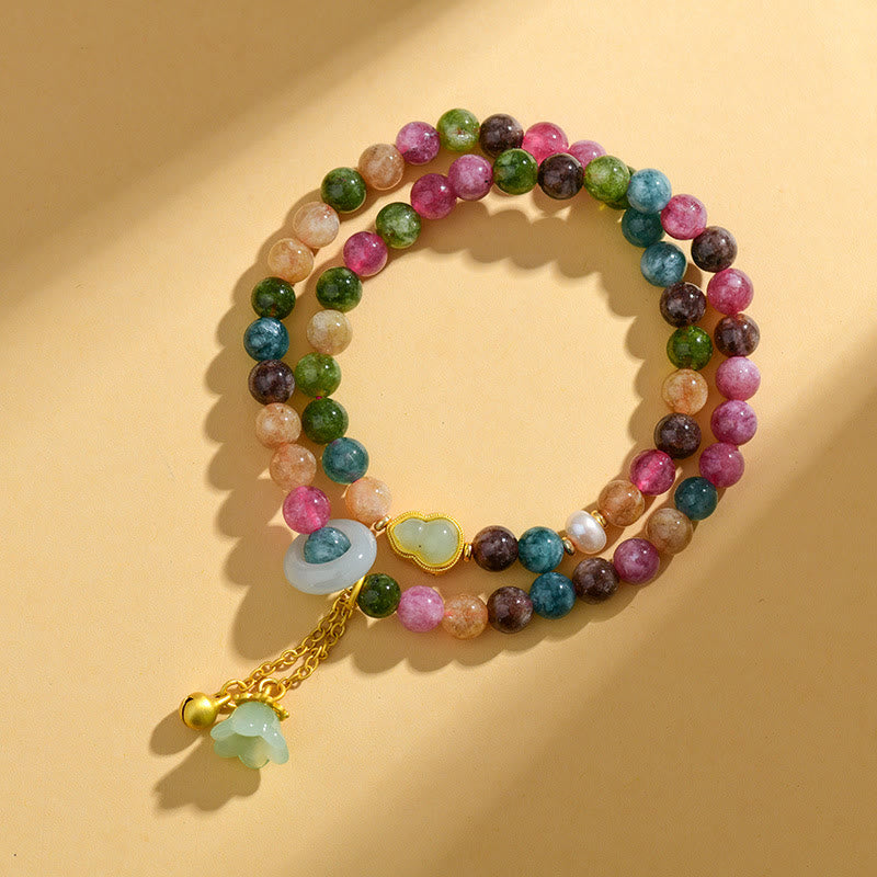 Pulsera con dije de lirio de los valles de doble envoltura de sabiduría de calabaza de turmalina multicolor con Buddha Stones
