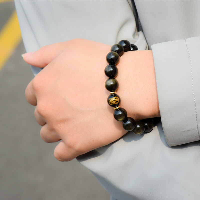 Pulsera de protección de la riqueza de obsidiana con brillo dorado del Buda Natal del zodíaco chino