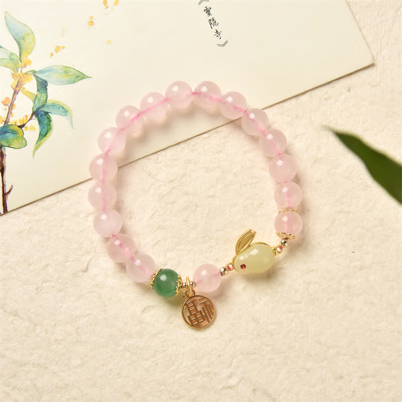 Año del Conejo Pulsera de Felicidad Amor Conejito Ágata Verde Cristal Rosa Natural