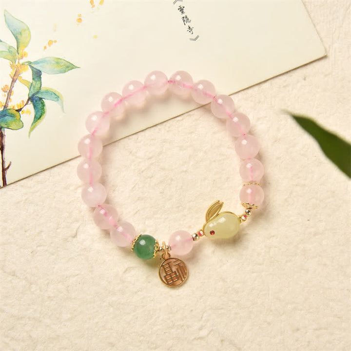 Año del Conejo Pulsera de Felicidad Amor Conejito Ágata Verde Cristal Rosa Natural