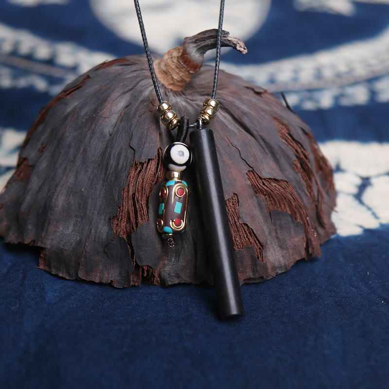 Colgante de collar de paz y calma con cuentas Dzi de madera de ébano tibetano