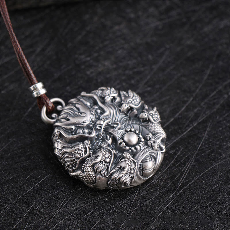 Collar con colgante de plata de ley 999 con Buddha Stones , nueve dragones jugando con una perla, protección de la suerte
