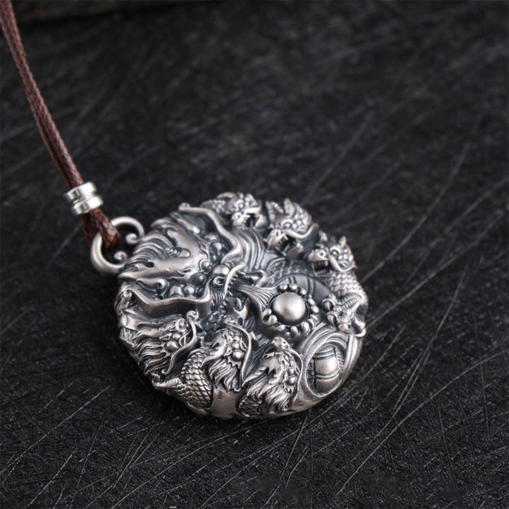 Collar con colgante de plata de ley 999 con Buddha Stones , nueve dragones jugando con una perla, protección de la suerte