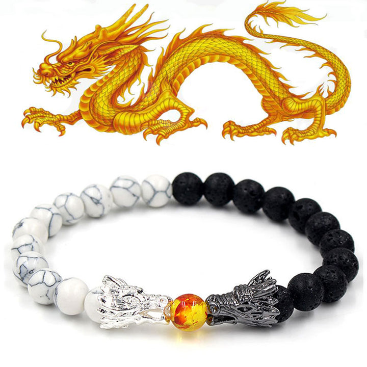 Pulsera con cuentas de bendición de dragón de roca de lava, turquesa blanca, Buddha Stones