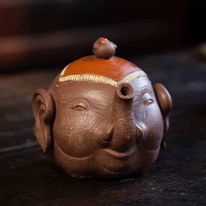 Buddha Stones Elefante Lindo Nubes Propicias Tetera De Cerámica De Arcilla Púrpura