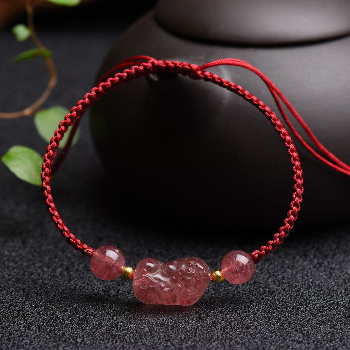Pulsera de hilo rojo de la suerte PiXiu de cuarzo fresa Natural con Buddha Stones