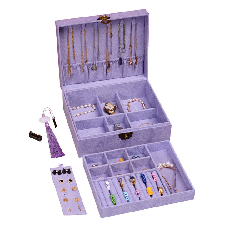 Caja organizadora de joyas de diseño Simple con Buddha Stones, caja de almacenamiento de joyas de dos capas, caja de franela con cerradura - Púrpura 23*19*6,5 cm - image 22