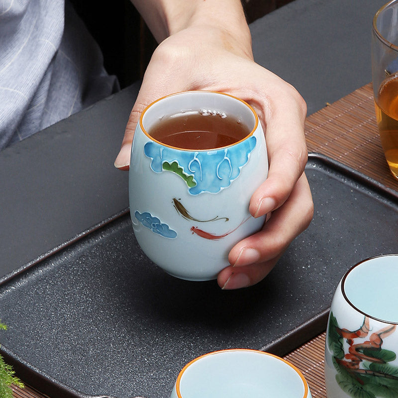 Taza de té de cerámica con Buddha Stones, pez Koi, paisaje de loto, diente de león, flor de peonía, taza de té de Kung Fu
