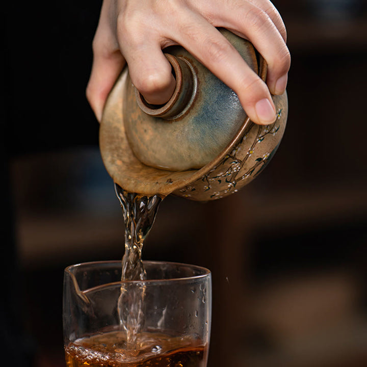 Buddha Stones Jingdezhen Pintado A Mano Ru Horno Porcelana Hanfu Niña Flor Cerámica Gaiwan Sancai Taza De Té Kung Fu Taza De Té Y Platillo Con Tapa