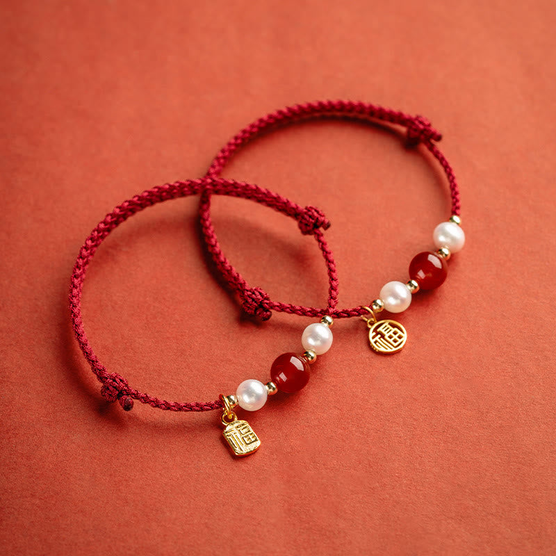 Pulsera trenzada de hilo rojo con perlas de ágata y carácter de buena fortuna de plata de ley 925 con Buddha Stones