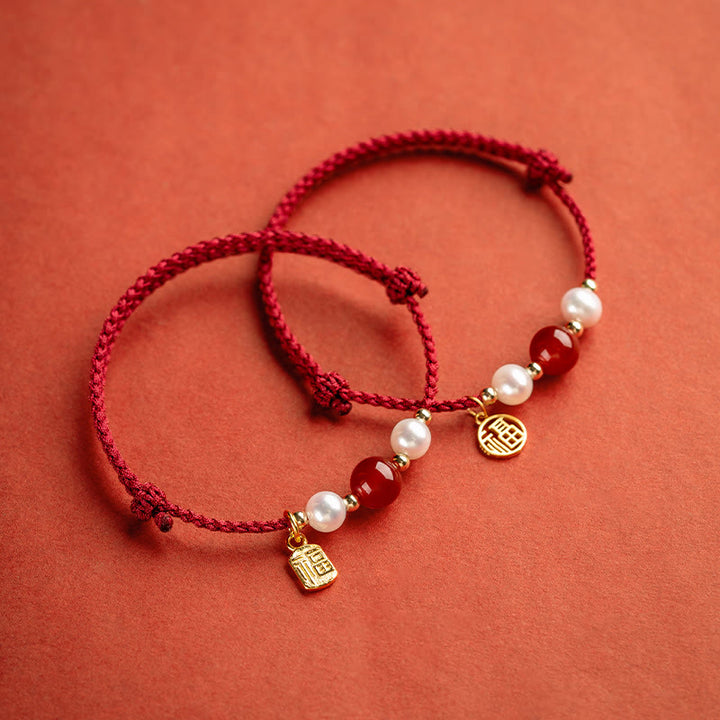 Pulsera trenzada de hilo rojo con perlas de ágata y carácter de buena fortuna de plata de ley 925 con Buddha Stones