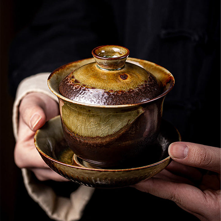 Buddha Stones Vintage marrón horno cambiar diseño porcelana cerámica Gaiwan Sancai taza de té Kung Fu y platillo con tapa