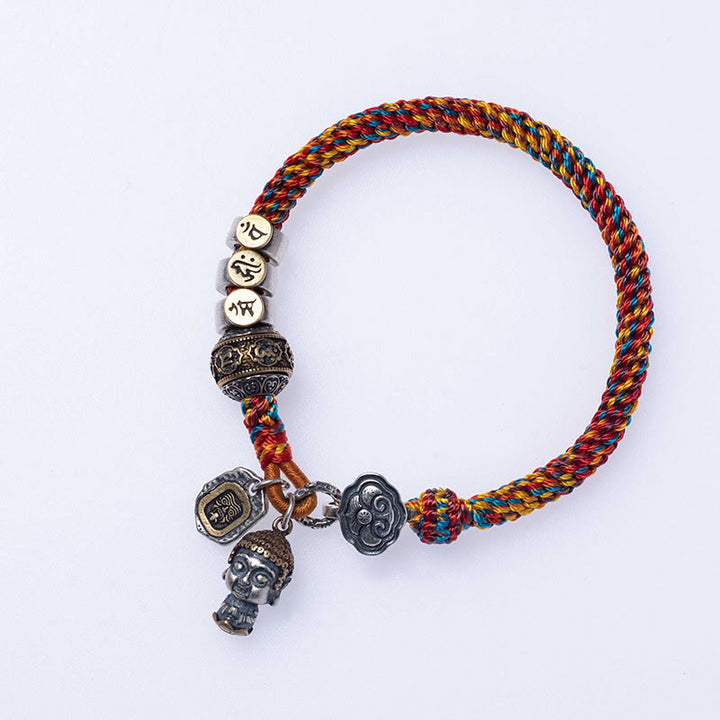 Buddha Stones hechas a mano tibetana de plata de ley 925, zodíaco chino, Buda natal Zakiram, diosa de la protección de la riqueza, pulsera trenzada de cuerda multicolor