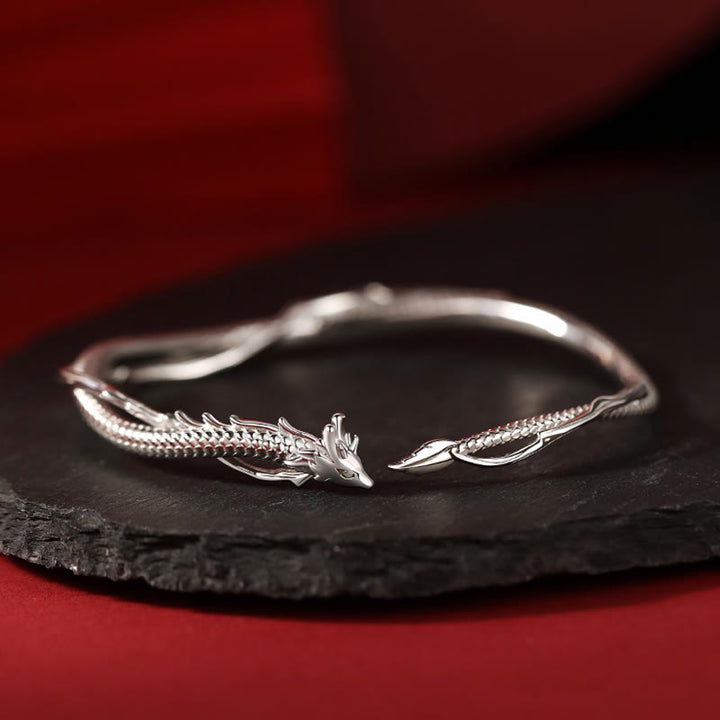 Brazalete de plata de ley 925 con Buddha Stones, diseño del año del dragón, pulsera de metal de la suerte