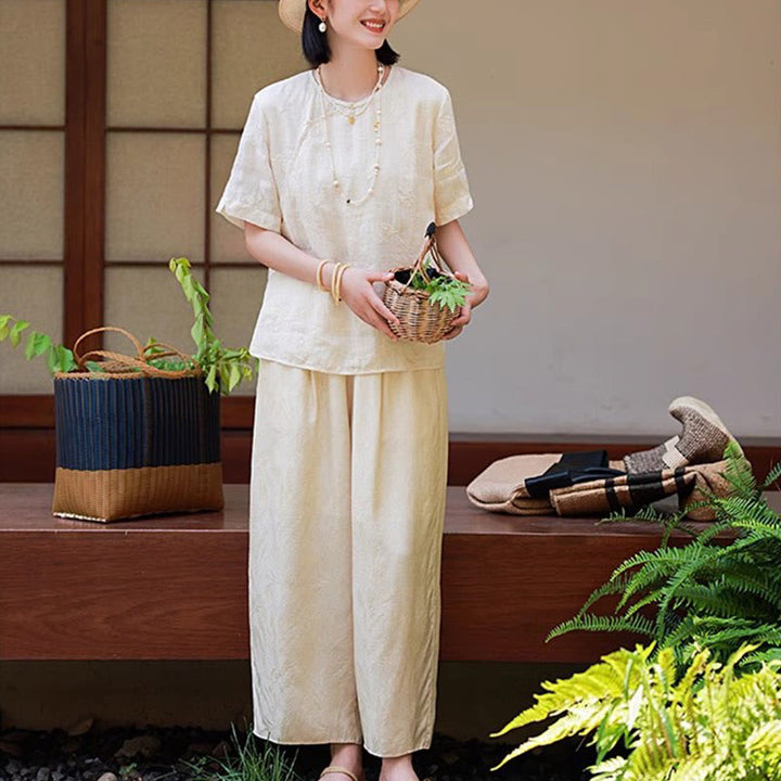 Blusa suelta de lino de ramio con Buddha Stones , camisa de manga corta, Top de estilo chino