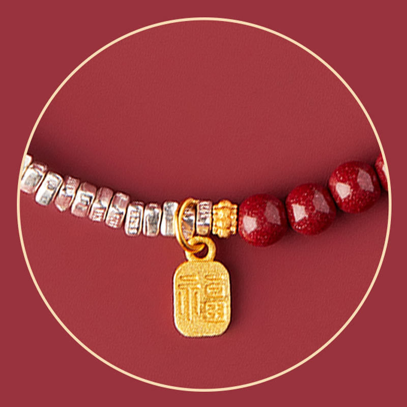 Pulsera de bendición con carácter de cinabrio Fu de plata de ley 925 con Buddha Stones