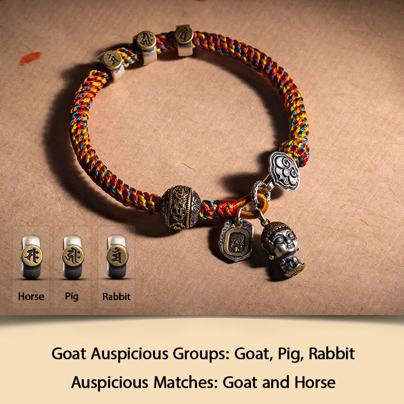 Buddha Stones hechas a mano tibetana de plata de ley 925, zodíaco chino, Buda natal Zakiram, diosa de la protección de la riqueza, pulsera trenzada de cuerda multicolor