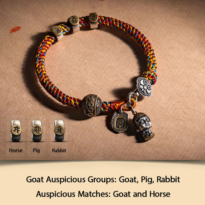 Buddha Stones hechas a mano tibetana de plata de ley 925, zodíaco chino, Buda natal Zakiram, diosa de la protección de la riqueza, pulsera trenzada de cuerda multicolor