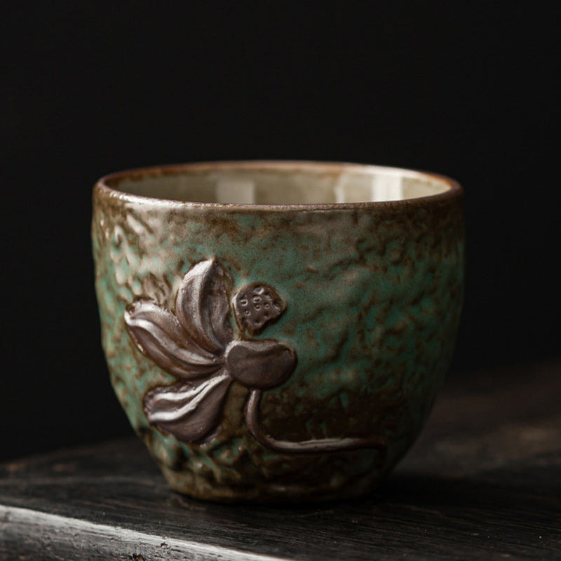 Taza de té de cerámica con Buddha Stones, hoja de vaina de loto, flor, nubes propicias, taza de té de Kung Fu