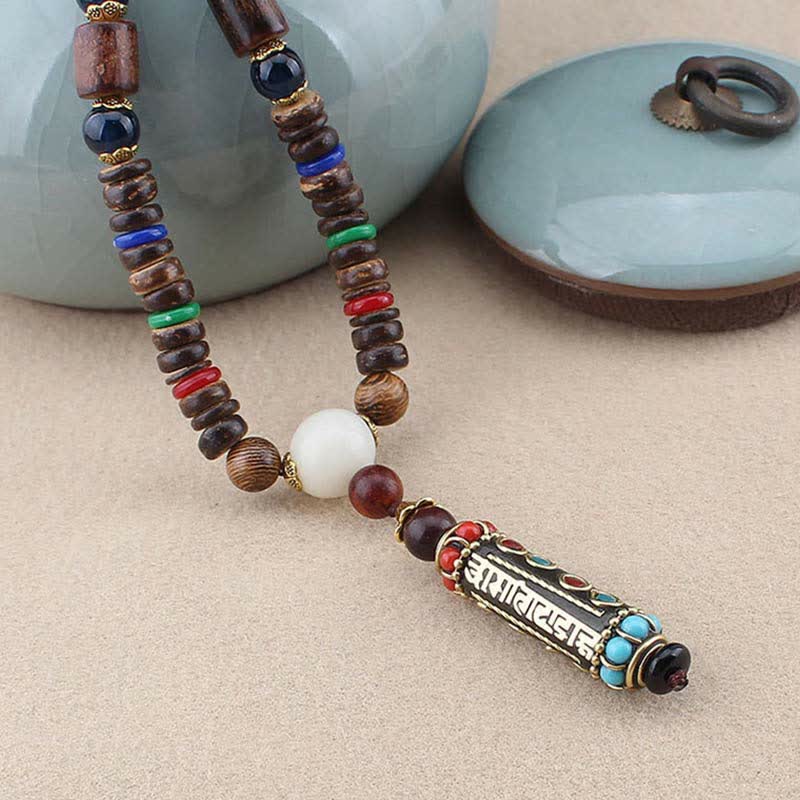 Buddha Stones tibetano Om Mani Padme Hum Dzi cuentas wengué collar de madera colgante - image 4