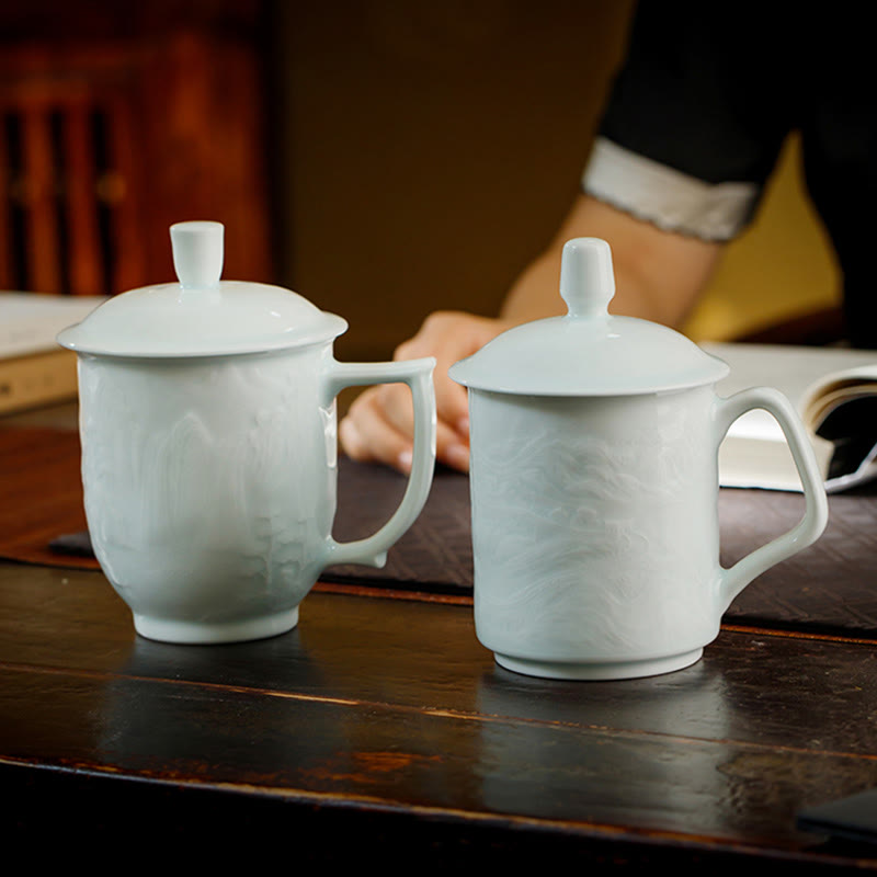 Buddha Stones Jingdezhen, porcelana blanca hecha a mano, gran pared, paisaje, taza de té de cerámica grabada, taza de oficina, tazas de té