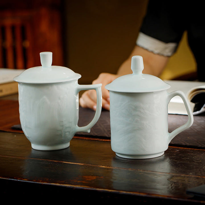 Buddha Stones Jingdezhen, porcelana blanca hecha a mano, gran pared, paisaje, taza de té de cerámica grabada, taza de oficina, tazas de té