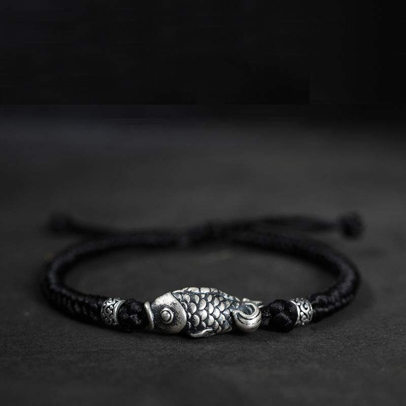 Pulsera de hilo trenzado con pez Koi de la suerte de plata con Buddha Stones