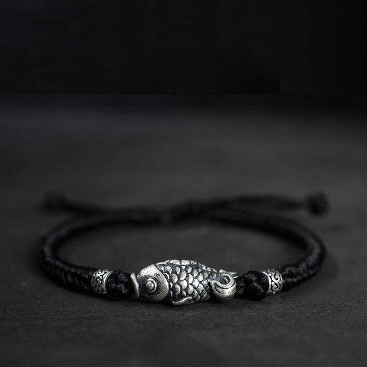 Pulsera de hilo trenzado con pez Koi de la suerte de plata con Buddha Stones