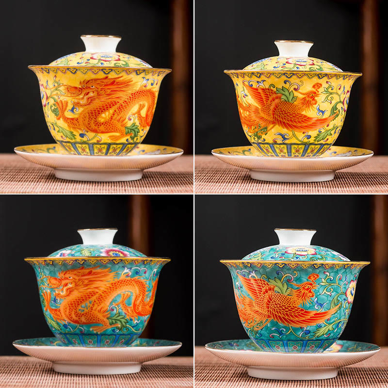Taza de té de cerámica con diseño de flor de Fénix y dragón, Buddha Stones , Gaiwan Sancai, taza de té de Kung Fu y platillo con tapa