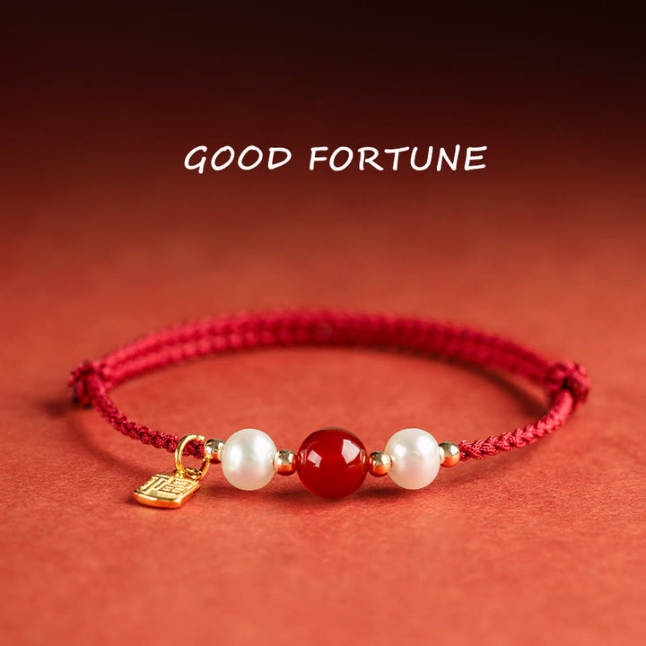 Pulsera trenzada de hilo rojo con perlas de ágata y carácter de buena fortuna de plata de ley 925 con Buddha Stones - Amuleto de la fortuna de plata de ley 925 con carácter Fu (circunferencia de muñeca: 14-18 cm) - image 0