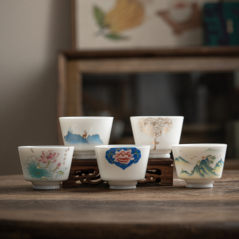 Taza de té de cerámica con Buddha Stones, flor de loto, hoja, montaña, pabellón, alce, peonía, taza de té de Kung Fu