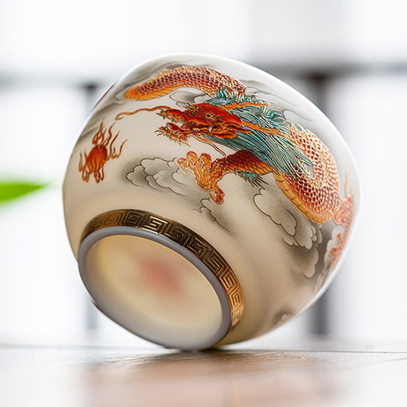 Taza de té de cerámica con caja de regalo, tazas de té de Kung Fu con Buddha Stones , dragón, Fénix, nubes propicias
