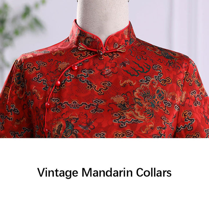 Vestido Cheongsam con estampado de hojas y nubes propicias vintage de Buddha Stones vestido Qipao para mujer