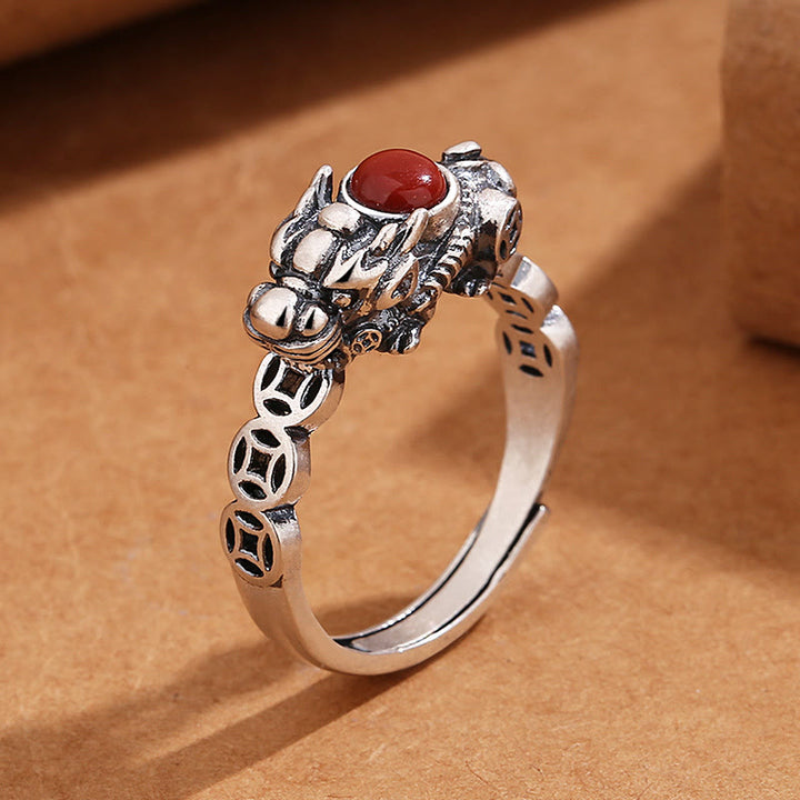 Anillo de la suerte de la riqueza de la ágata roja de la moneda de cobre de las Buddha Stones PiXiu