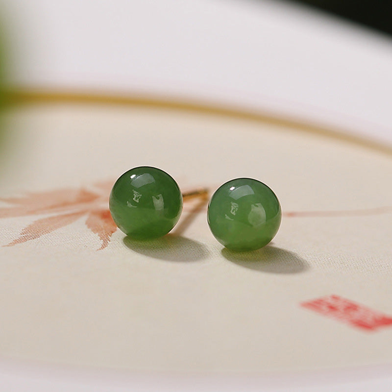 Pendientes de tuerca de plata de ley 925 con Buddha Stones , redondos, jade cian curativo y tranquilo
