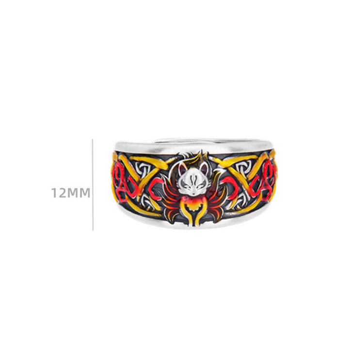 Anillo de protección de éxito de zorro de nueve colas de plata de ley 999 con Buddha Stones