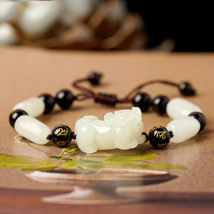 Pulsera de hilo de riqueza PiXiu de jade blanco hetiano natural con Buddha Stones
