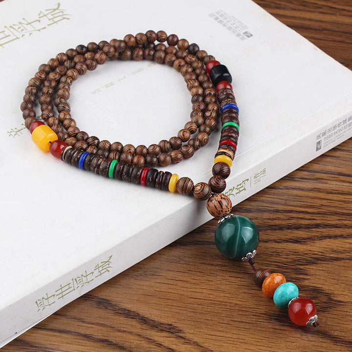 Buddha Stones, colgante de collar de paz de equilibrio de ágata de semilla Bodhi de madera de wengué tibetano