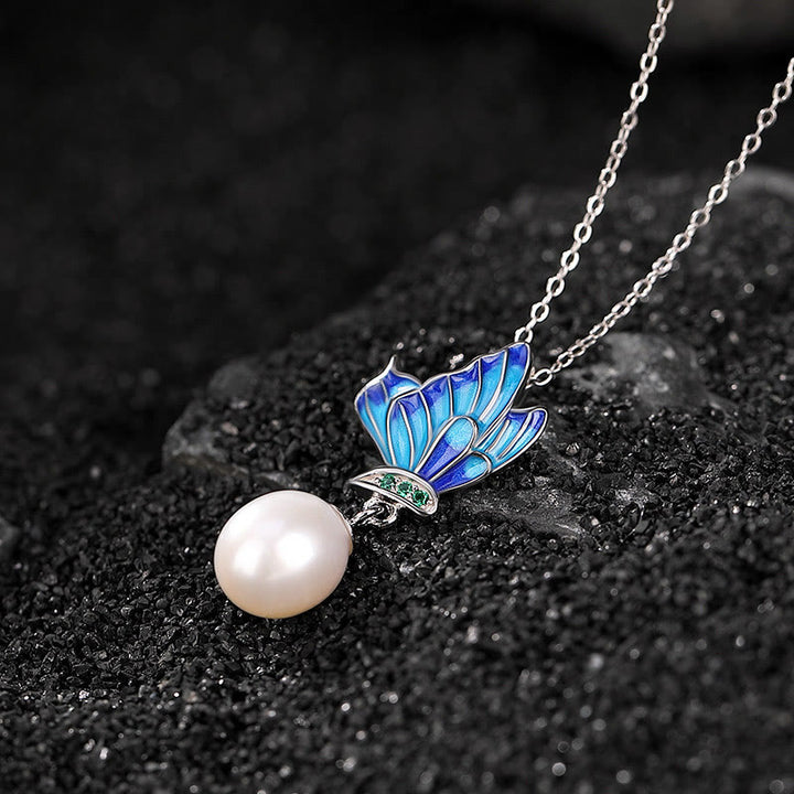 Collar con colgante y pendientes de plata de ley 925 con Buddha Stones , perlas y mariposas